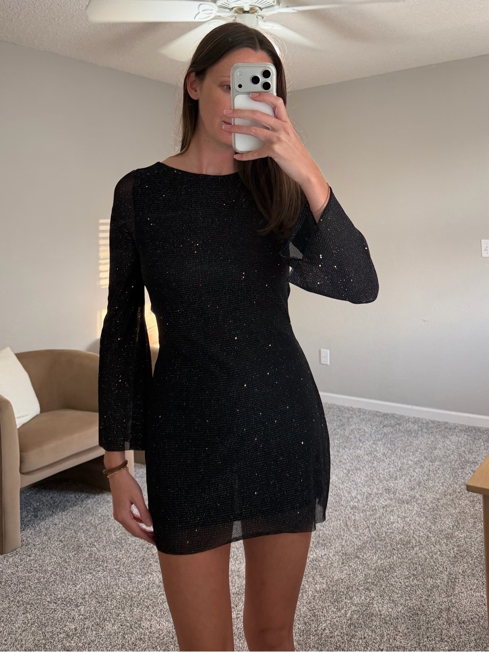 Elegant Black Sparkle Long-Sleeve Mini Dress